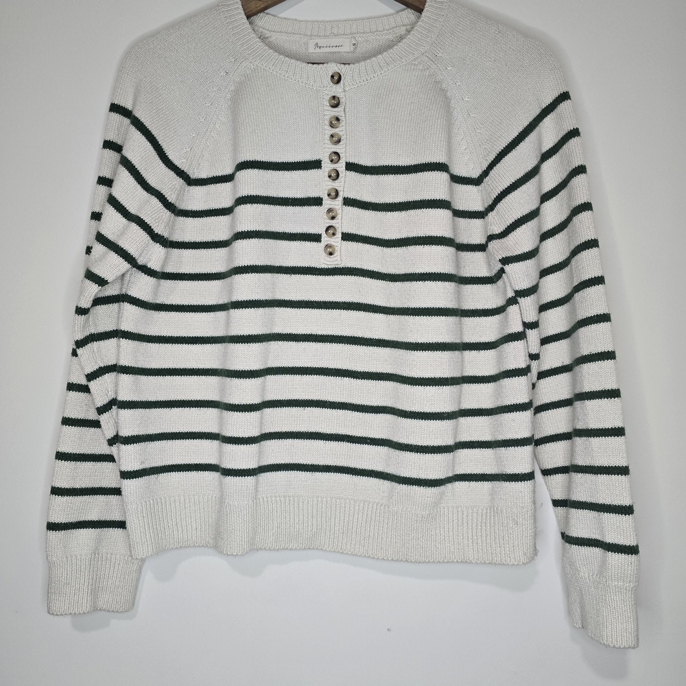 Cream Green Striped Henley Sweater M